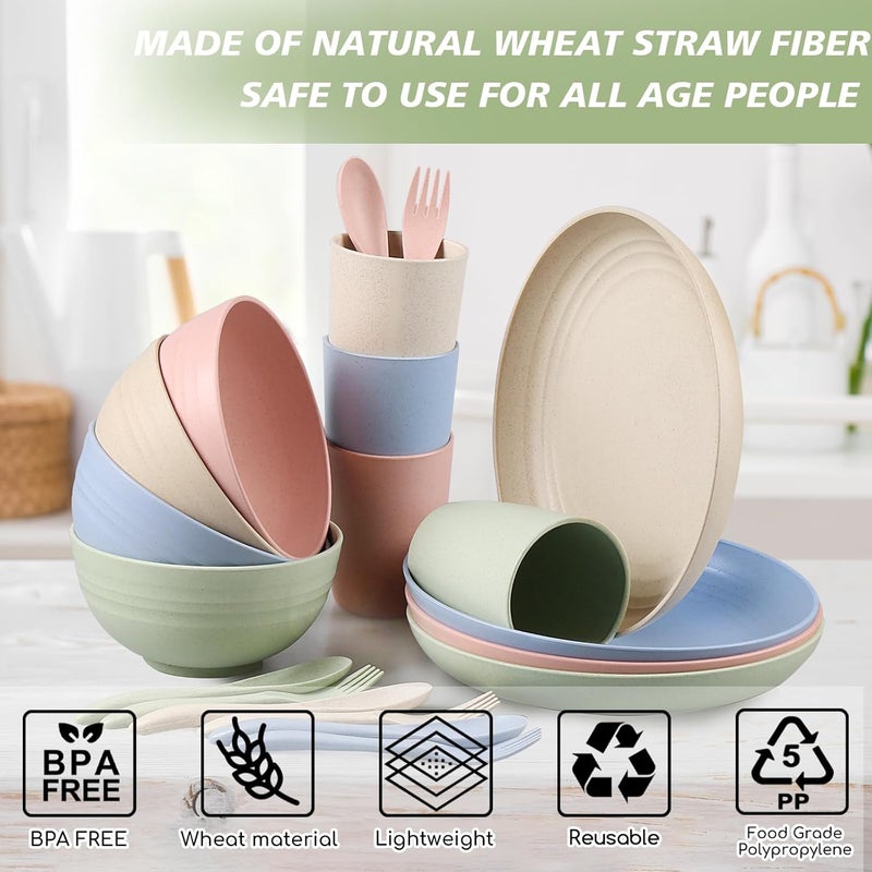 shopwithgreen مجموعة أطباق عشاء من قش القمح من لـ 4 أشخاص، 20 قطعة من الأطباق والأوعية غير القابلة للكسر، مجموعة أطباق عشاء قابلة لإعادة الاستخدام، أوعية، أكواب، أطباق للتخييم، المطبخ، المركبات الترفيهية، السكن الجامعي، آمنة للاستخدام في غسالة الأطباق والميكروويف - Image 4