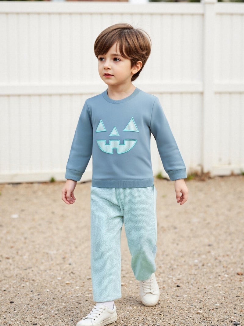 Kids Boys Halloween Outfits Pumpkin Smiling Face Print Sweatshirts and Long Pants 2Pcs Clothes Set - Image 2