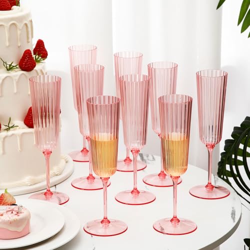 Jingmore 24 Pcs Plastic Ribbed Champagne Flutes With Stem, 6.4 oz Clear Vintage Disposable Champagne Glasses for Wedding Birthday Anniversary (Pink) - Image 4