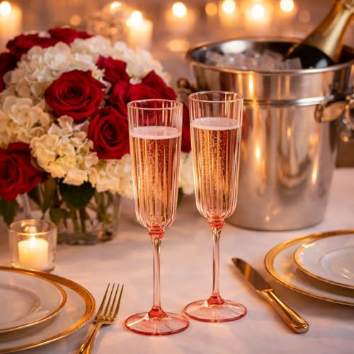 Jingmore 24 Pcs Plastic Ribbed Champagne Flutes With Stem, 6.4 oz Clear Vintage Disposable Champagne Glasses for Wedding Birthday Anniversary (Pink) - Image 3