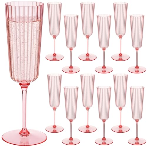 Jingmore 24 Pcs Plastic Ribbed Champagne Flutes With Stem, 6.4 oz Clear Vintage Disposable Champagne Glasses for Wedding Birthday Anniversary (Pink) - Image 1