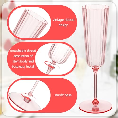 Jingmore 24 Pcs Plastic Ribbed Champagne Flutes With Stem, 6.4 oz Clear Vintage Disposable Champagne Glasses for Wedding Birthday Anniversary (Pink) - Image 5