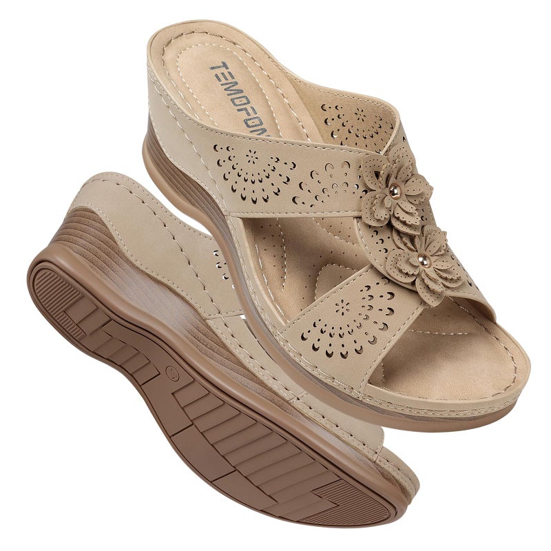 TEMOFON Womens Wedge Sandals Leather: Casual Dressy Women Khaki Summer Platform Wedge Sandals Slip on Low Heels Comfortable Walking Size 8 - Image 1