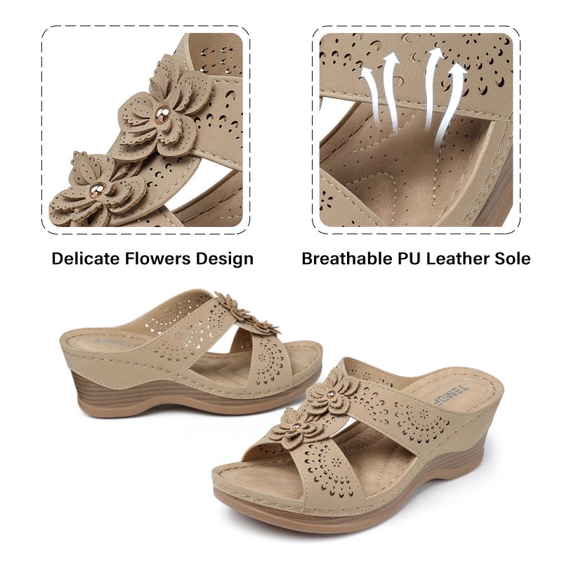 TEMOFON Womens Wedge Sandals Leather: Casual Dressy Women Khaki Summer Platform Wedge Sandals Slip on Low Heels Comfortable Walking Size 8 - Image 4