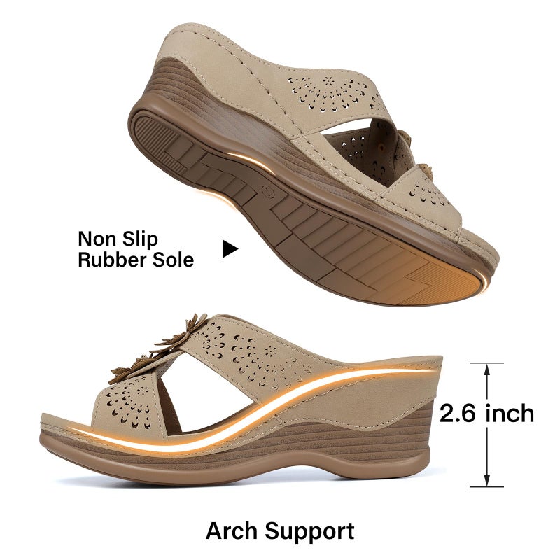 TEMOFON Womens Wedge Sandals Leather: Casual Dressy Women Khaki Summer Platform Wedge Sandals Slip on Low Heels Comfortable Walking Size 8 - Image 5