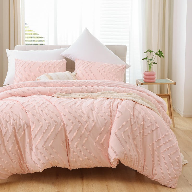 YIRDDEO Pink Queen Size Comforter Set 3Pcs - Boho Chevron Blush Farmhouse Bedding, Vertical Tufted Lightweight Neutral Bed Set (1 Comforter, 2 Pillowcases) - Image 1