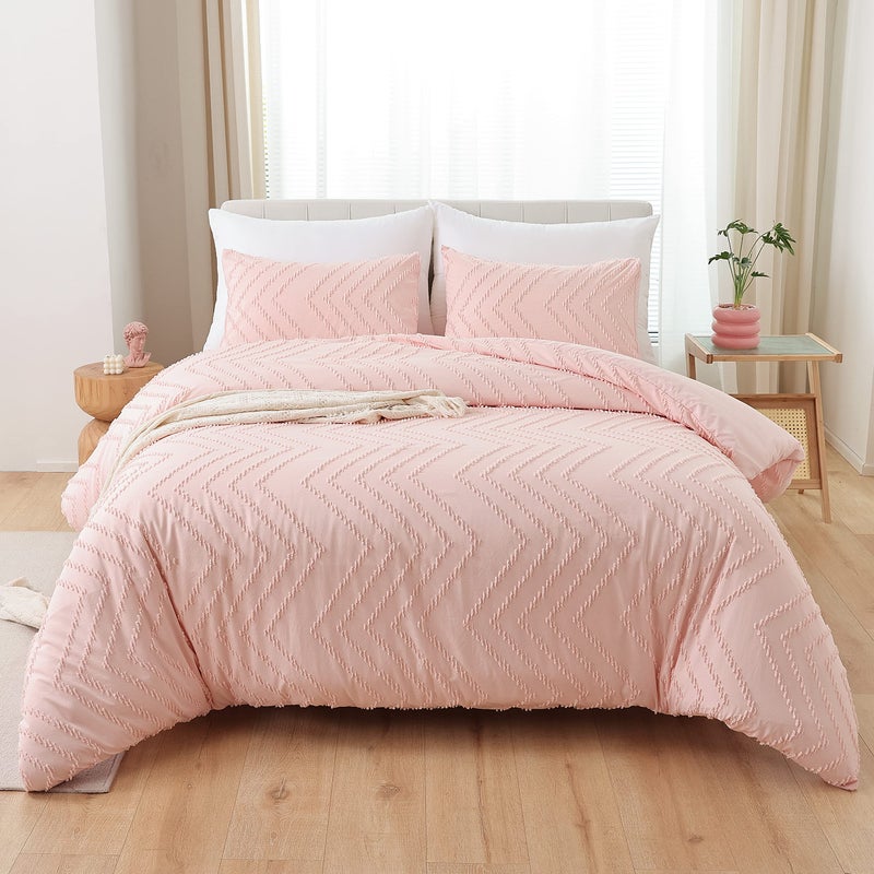 YIRDDEO Pink Queen Size Comforter Set 3Pcs - Boho Chevron Blush Farmhouse Bedding, Vertical Tufted Lightweight Neutral Bed Set (1 Comforter, 2 Pillowcases) - Image 5