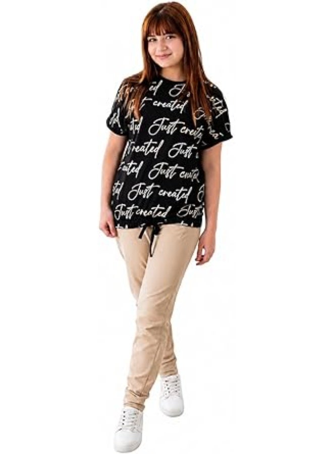 Girls Cotton Lycra T-Shirt and Jogger Pants Set Soft Breathable Stretch Casual Outfit Printed Short Sleeve Tee with Elastic Waist Drawstring Trousers Comfortable Daily Wear Stylish Kids Clothing Set - Image 2