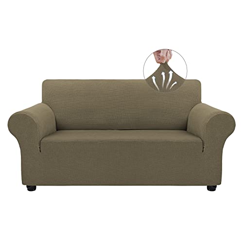 Asnomy Sofa Covers for 2 Cushion Couch Stretch loveseat Covers Slipcovers Pet Protector Furniture Covers for Dogs Cats Spandex Jacquard Fabric Small Checks MediumKhaki