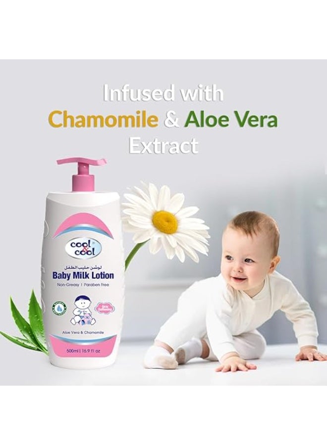 Cool & Cool Baby Milk Lotion Skin Softening,Non Greasy , Paraben-Free , Vitamin-E Aloe Vera & Chamomile Extract With Extra Mild Formula 500 ml - Image 3
