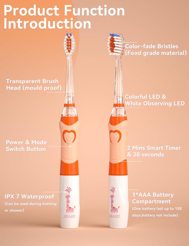 Seago Kids Electric Toothbrush with 2 Mins Brushing Timer and 4 Replacement Bursh Heads, Rainbow LED Light Make Brushing Fun, Boys Battery Powerd Toothbrush for 4-12 Years Old，SG-977(Orange) - Image 4