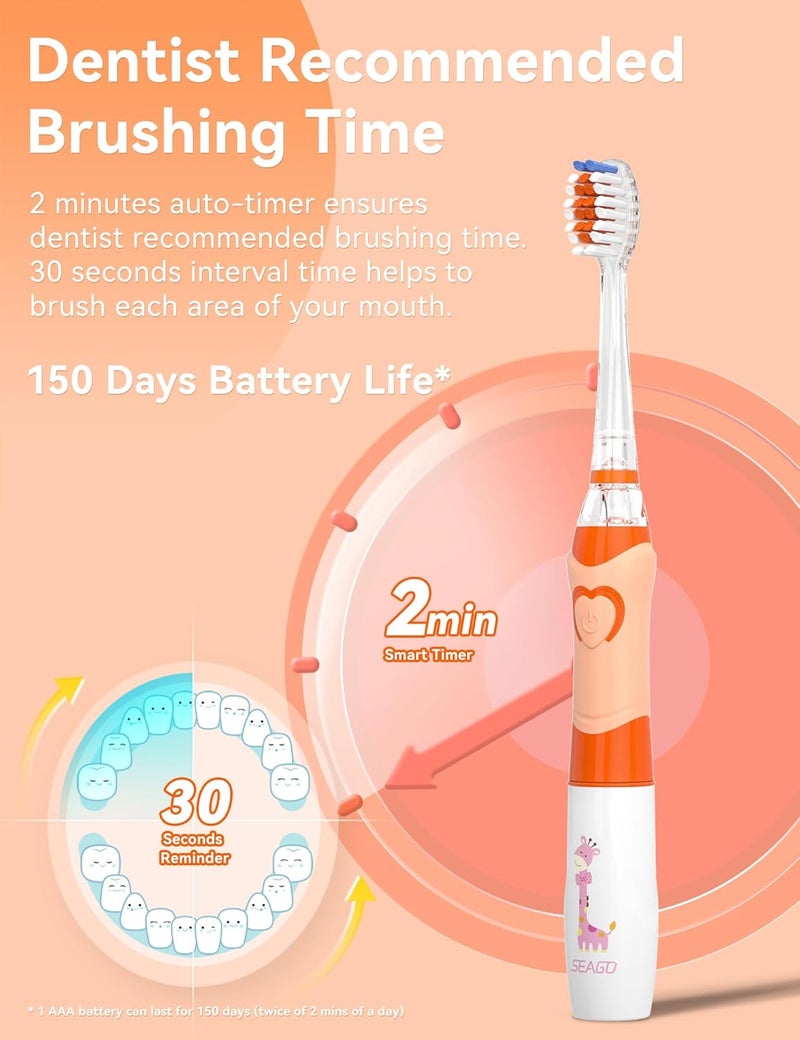 Seago Kids Electric Toothbrush with 2 Mins Brushing Timer and 4 Replacement Bursh Heads, Rainbow LED Light Make Brushing Fun, Boys Battery Powerd Toothbrush for 4-12 Years Old，SG-977(Orange) - Image 5