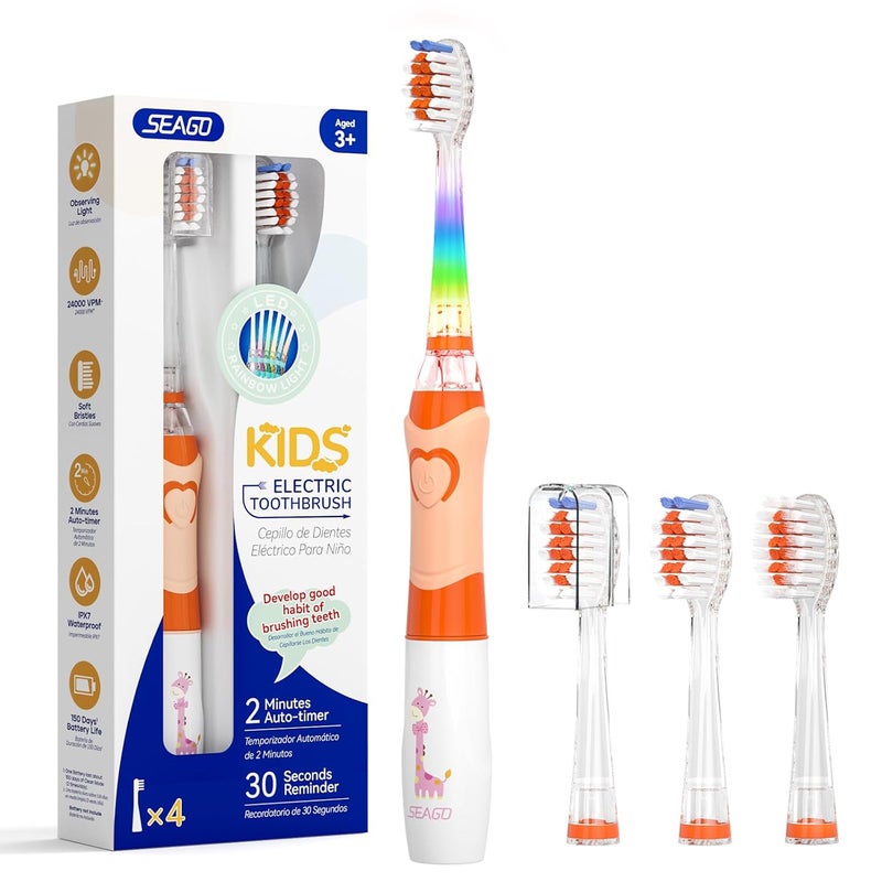 Seago Kids Electric Toothbrush with 2 Mins Brushing Timer and 4 Replacement Bursh Heads, Rainbow LED Light Make Brushing Fun, Boys Battery Powerd Toothbrush for 4-12 Years Old，SG-977(Orange) - Image 1