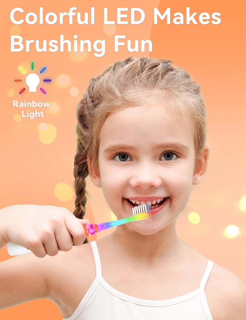 Seago Kids Electric Toothbrush with 2 Mins Brushing Timer and 4 Replacement Bursh Heads, Rainbow LED Light Make Brushing Fun, Boys Battery Powerd Toothbrush for 4-12 Years Old，SG-977(Orange) - Image 2