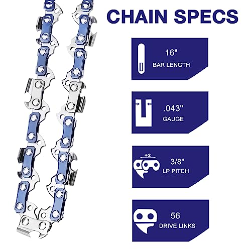FUNKYWOO 4 Pack 16 Inch Chainsaw Chain 3/8" LP Pitch .043'' Gauge 56 Drive Links fits Milwaukee, EGO, DeWalt, Greenworks and more - Image 2