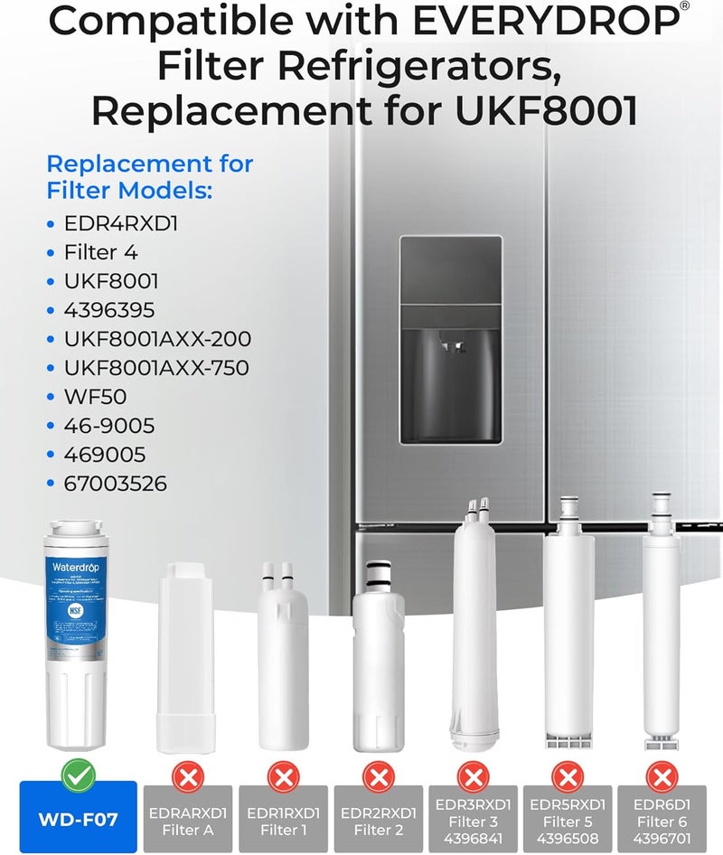 ووتر دروب ووتردروب WD-UKF8001، PUR، بيوريكلين II (قد يختلف التغليف) ويرلبول 4396395، 469006، فلتر إيفري دروب 4، EDR4RXD1، عبوة واحدة - Image 1