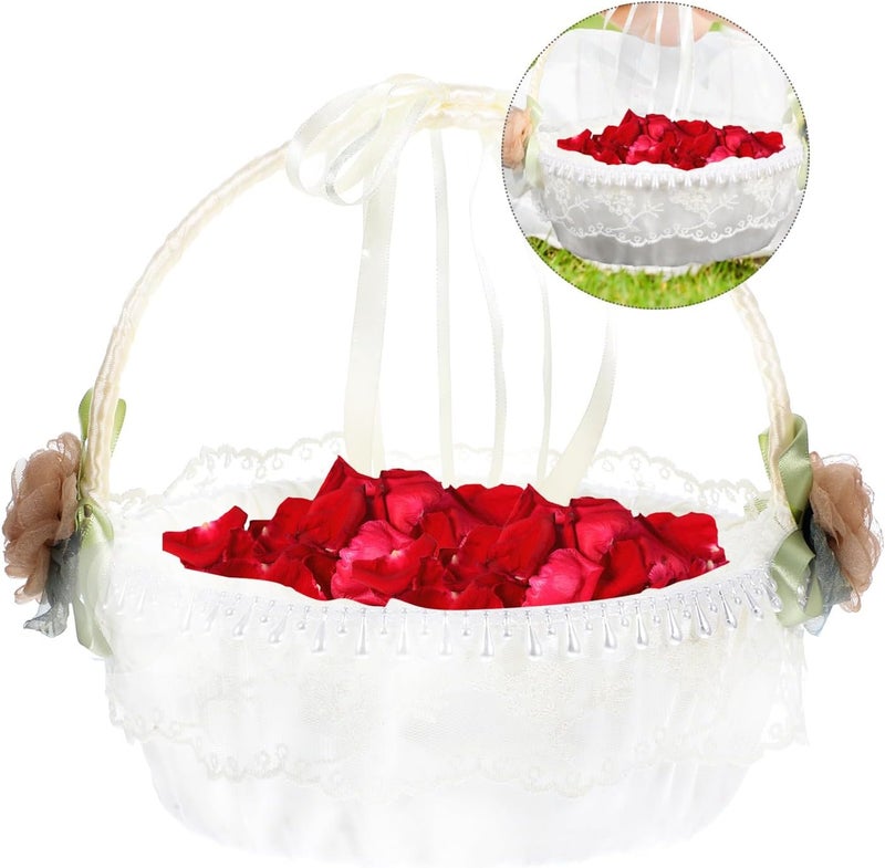 Zerodeko Wedding Handheld Petal Basket Rustic Flower Girl Basket with Lace and Satin for Outdoor Wedding Ceremony - Image 5