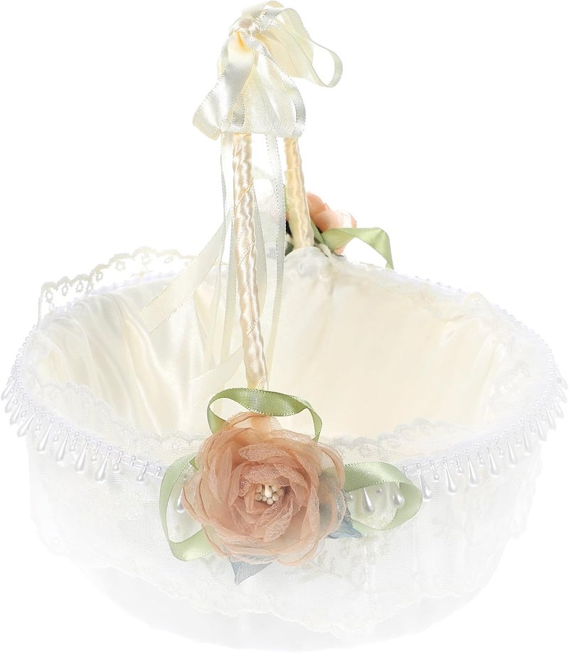 Zerodeko Wedding Handheld Petal Basket Rustic Flower Girl Basket with Lace and Satin for Outdoor Wedding Ceremony - Image 1