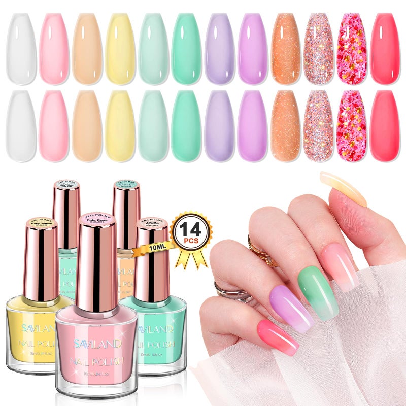 SAVILAND Jelly Nail Polish Set Quick-Dry: 2024 Summer Pastel Pink Nail Polish with Base-Top Coat 0.34 oz Macaron-Candy Transparent Nudes Nail Lacquer Kit for Beginner Finger Toe French DIY Home - Image 1