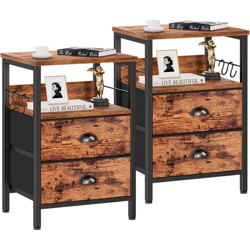 Furologee Nightstands Set 2 Bedside Table with 2 Fabric Drawers End Table with Hooks and Shelf Side Table for BedroomLiving RoomStudyHallwayBrown