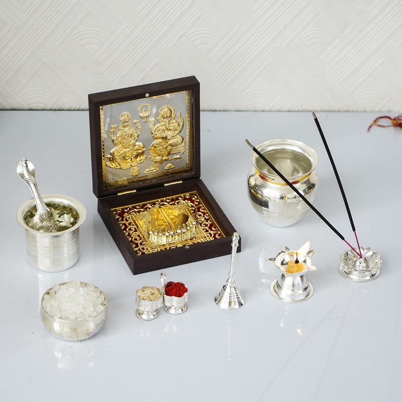 KUSHAL CREATION 24K Gold Plated Mahalakshmi Ganesha Photo Frame Charan Paduka With Pooja item Kit Square Return Gifts for Housewarming LaxmiGanesh Wooden Momento Gift - Image 1