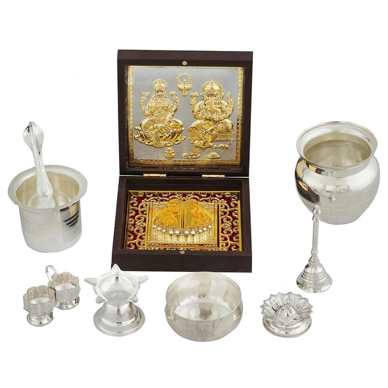 KUSHAL CREATION 24K Gold Plated Mahalakshmi Ganesha Photo Frame Charan Paduka With Pooja item Kit Square Return Gifts for Housewarming LaxmiGanesh Wooden Momento Gift - Image 5