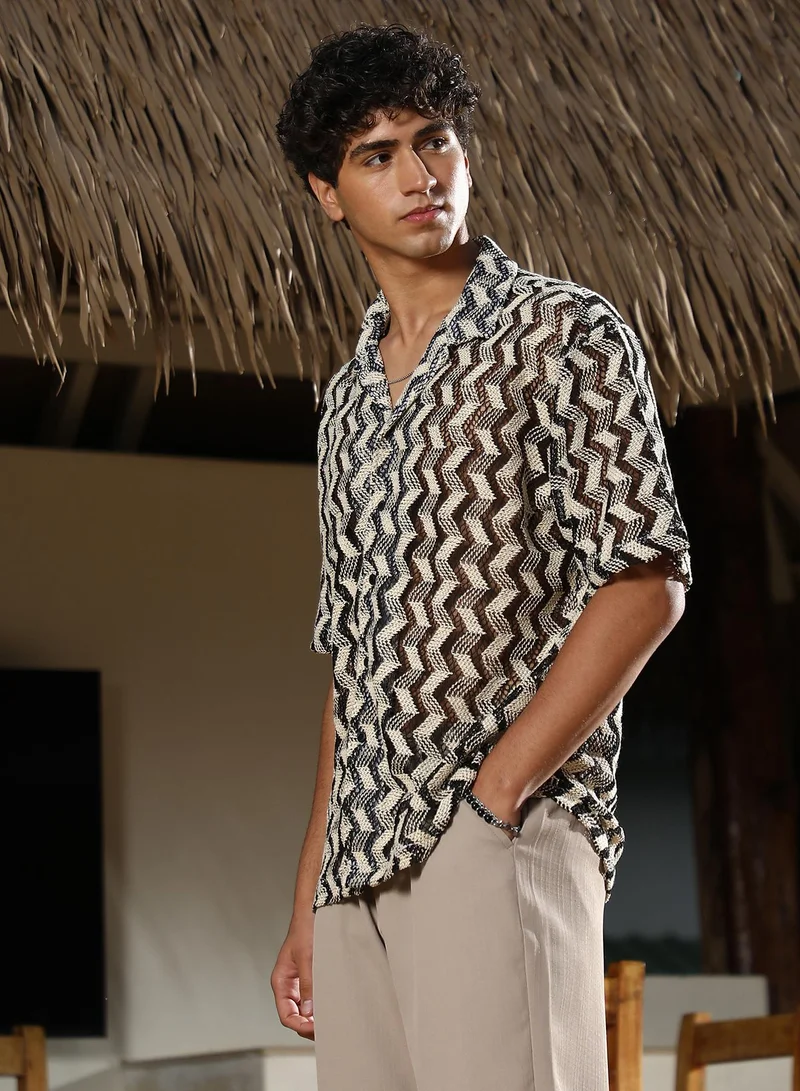 Campus Sutra Campus Sutra Men Chevron-Stripe Crochet Oversized Shirt | Cuban Collar Short Sleeves | Button Closure Straight Hem | Stripes Crochet | Woven Fabric For Casual & Vacation Wear | White & Black