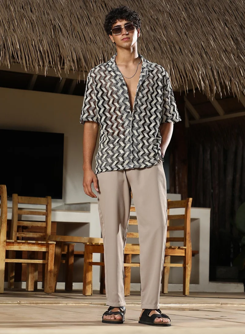Campus Sutra Campus Sutra Men Chevron-Stripe Crochet Oversized Shirt | Cuban Collar Short Sleeves | Button Closure Straight Hem | Stripes Crochet | Woven Fabric For Casual & Vacation Wear | White & Black