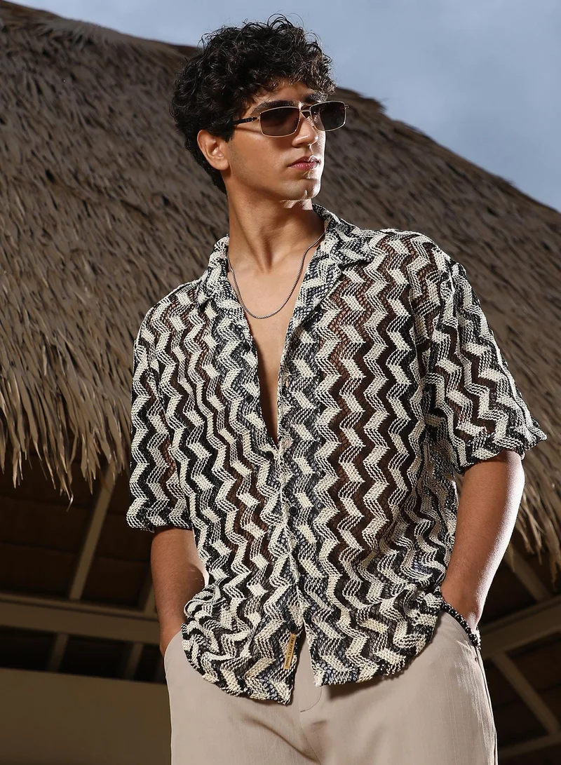 كامبوس سوترا Campus Sutra Men Chevron-Stripe Crochet Oversized Shirt | Cuban Collar Short Sleeves | Button Closure Straight Hem | Stripes Crochet | Woven Fabric For Casual & Vacation Wear | White & Black