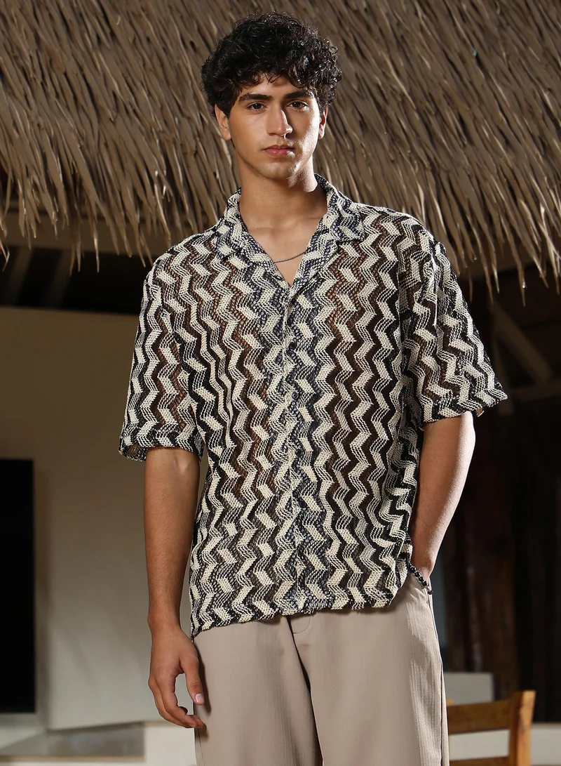 كامبوس سوترا Campus Sutra Men Chevron-Stripe Crochet Oversized Shirt | Cuban Collar Short Sleeves | Button Closure Straight Hem | Stripes Crochet | Woven Fabric For Casual & Vacation Wear | White & Black