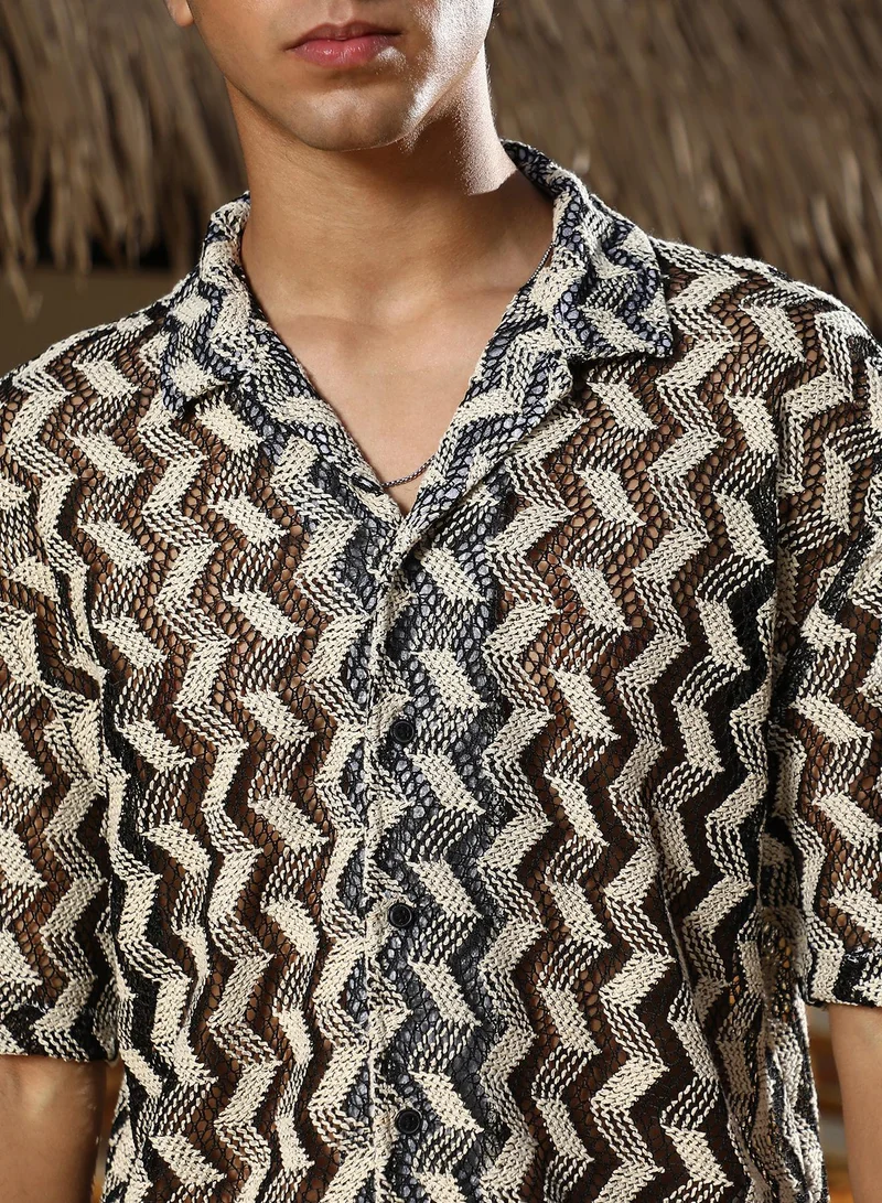 Campus Sutra Campus Sutra Men Chevron-Stripe Crochet Oversized Shirt | Cuban Collar Short Sleeves | Button Closure Straight Hem | Stripes Crochet | Woven Fabric For Casual & Vacation Wear | White & Black