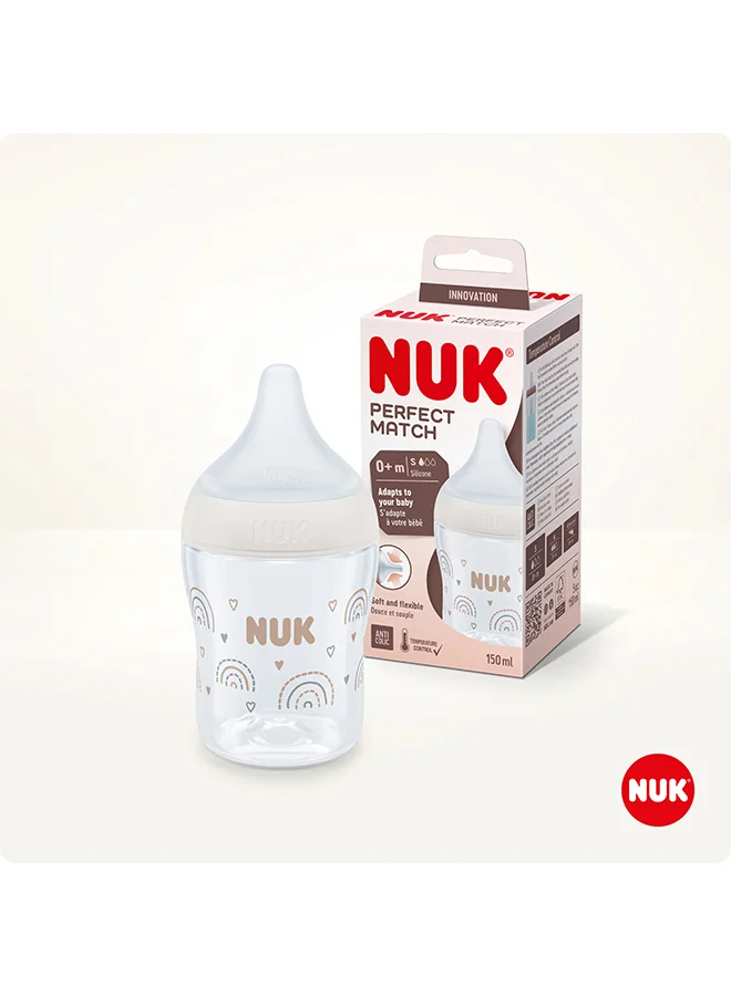 NUK Perfect Match Baby Feeding Bottle | 0+ Months, Temperature Control, Anti-Colic Valve And Bpa Free | M-Silicone Teat, Rainbow-150Ml