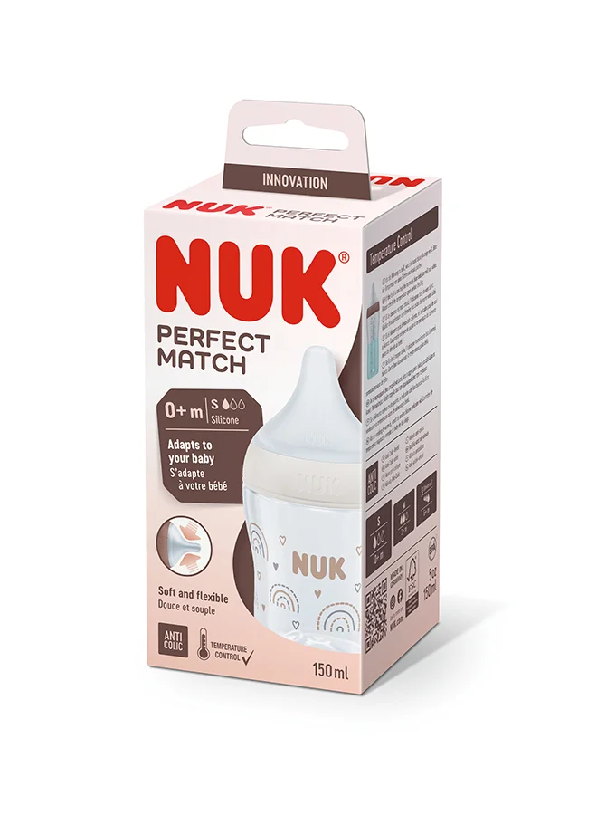 NUK Perfect Match Baby Feeding Bottle | 0+ Months, Temperature Control, Anti-Colic Valve And Bpa Free | M-Silicone Teat, Rainbow-150Ml