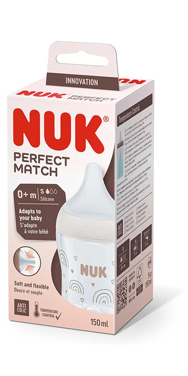 NUK Perfect Match Baby Feeding Bottle | 0+ Months, Temperature Control, Anti-Colic Valve And Bpa Free | M-Silicone Teat, Rainbow-150Ml