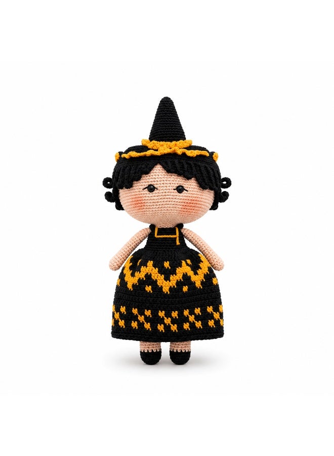 khyout wdafa Traditional Doll Crossbody Bag Crochet Handmade with Long Strap Black and Gold Embroidered Dress Witch Hat Design Unique Gift for All Occasions - Image 1