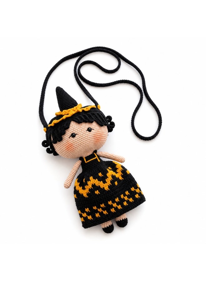khyout wdafa Traditional Doll Crossbody Bag Crochet Handmade with Long Strap Black and Gold Embroidered Dress Witch Hat Design Unique Gift for All Occasions - Image 2