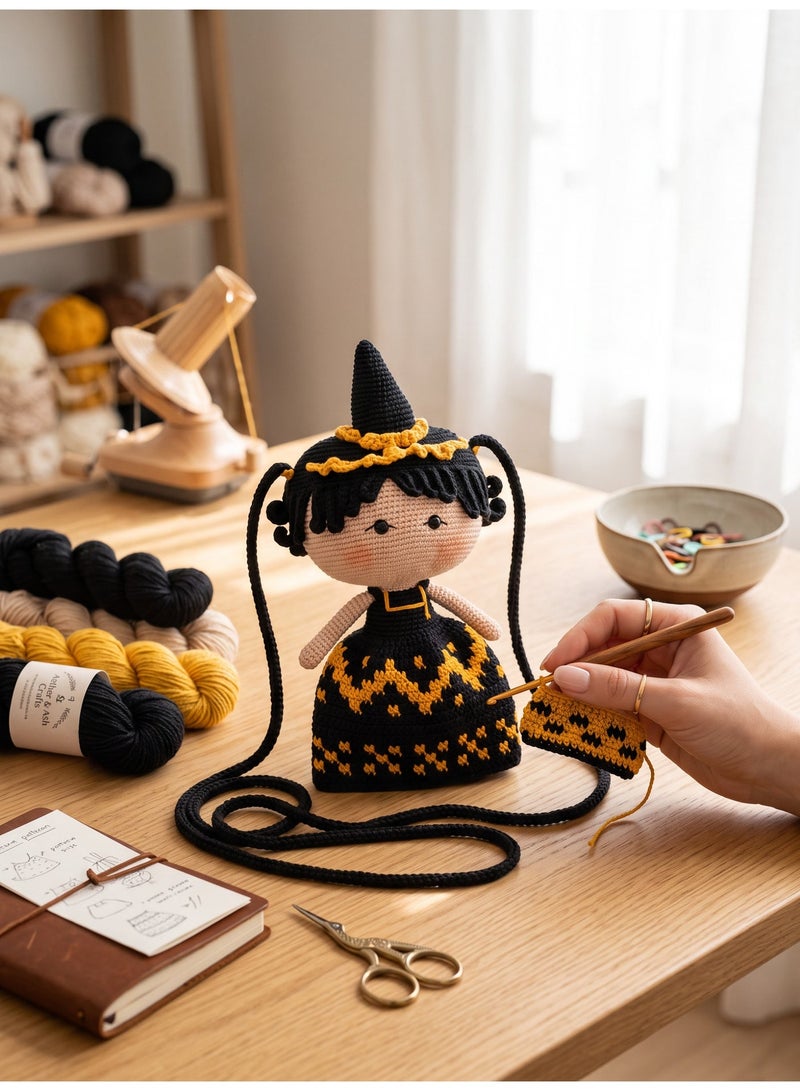 khyout wdafa Traditional Doll Crossbody Bag Crochet Handmade with Long Strap Black and Gold Embroidered Dress Witch Hat Design Unique Gift for All Occasions - Image 3
