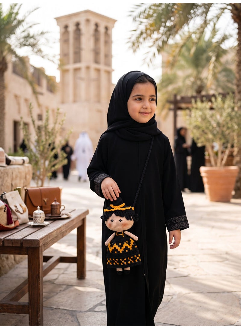 khyout wdafa Traditional Doll Crossbody Bag Crochet Handmade with Long Strap Black and Gold Embroidered Dress Witch Hat Design Unique Gift for All Occasions - Image 5