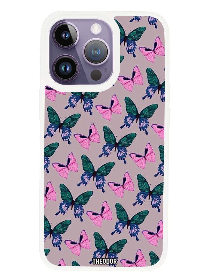 Theodor Protective Case Anti Scratch Shock Proof Cover For APPLE IPHONE 14 PRO MAX Butterflies (2) (White Bumper) - Image 1