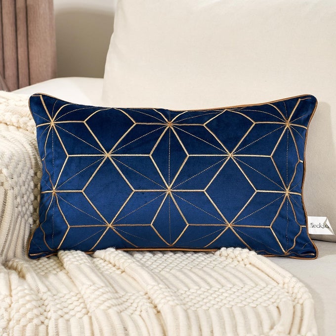12 x 20 Inch Navy Blue Gold Plaid Geometric Lines Embroidery Velvet Cushion Case Luxury Modern Rectangular Throw Pillow Cover Decorative Pillow for Couch Living Room Bedroom Car