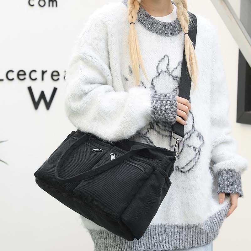 Lamprod Corduroy Crossbody Tote Bag for Women Cute Shoulder Bag Large Messenger Bag Commuter School Purse Handbag Work Multi Pocket(black) - Image 4
