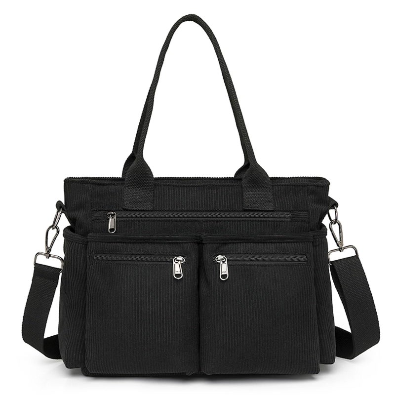 Lamprod Corduroy Crossbody Tote Bag for Women Cute Shoulder Bag Large Messenger Bag Commuter School Purse Handbag Work Multi Pocket(black) - Image 1