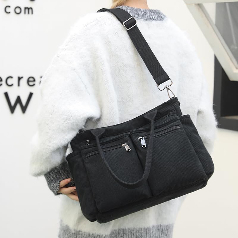 Lamprod Corduroy Crossbody Tote Bag for Women Cute Shoulder Bag Large Messenger Bag Commuter School Purse Handbag Work Multi Pocket(black) - Image 2