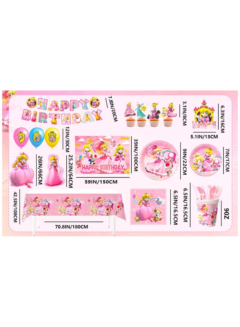 FRUITFUL PARTY Princess Peach Birthday Party Decorations for 10 Guests, 114pcs Mario Princess Peach Disposable Party Tableware Set Princess Peach Party Plates and Napkins Cups Balloon Cake Topper - Image 3