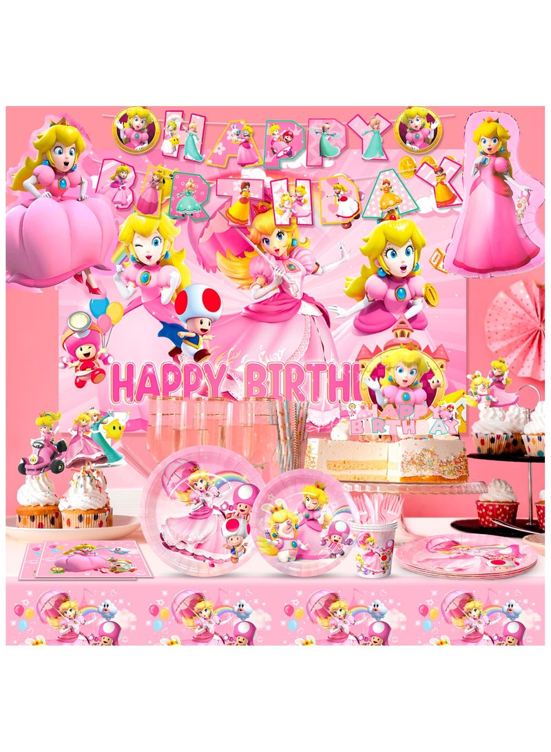 FRUITFUL PARTY Princess Peach Birthday Party Decorations for 10 Guests, 114pcs Mario Princess Peach Disposable Party Tableware Set Princess Peach Party Plates and Napkins Cups Balloon Cake Topper - Image 5