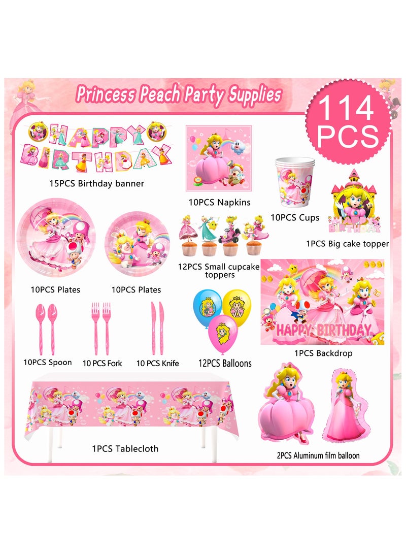 FRUITFUL PARTY Princess Peach Birthday Party Decorations for 10 Guests, 114pcs Mario Princess Peach Disposable Party Tableware Set Princess Peach Party Plates and Napkins Cups Balloon Cake Topper - Image 2