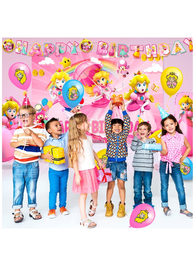FRUITFUL PARTY Princess Peach Birthday Party Decorations for 10 Guests, 114pcs Mario Princess Peach Disposable Party Tableware Set Princess Peach Party Plates and Napkins Cups Balloon Cake Topper - Image 4