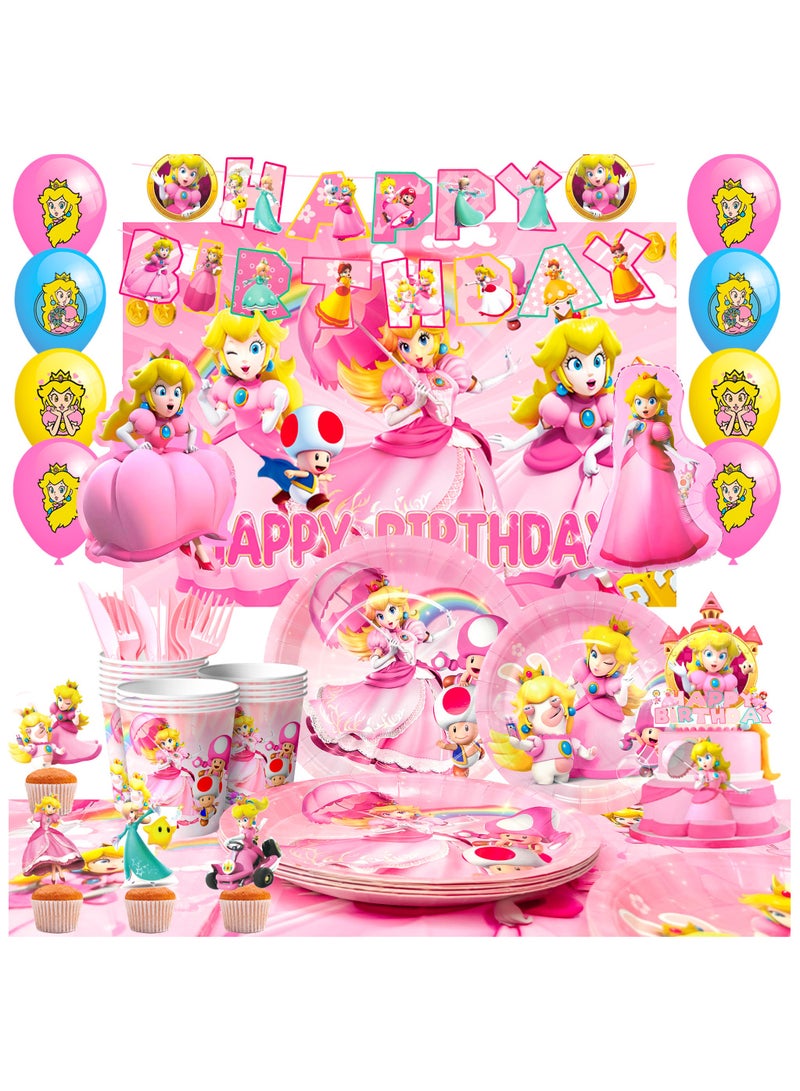 FRUITFUL PARTY Princess Peach Birthday Party Decorations for 10 Guests, 114pcs Mario Princess Peach Disposable Party Tableware Set Princess Peach Party Plates and Napkins Cups Balloon Cake Topper - Image 1