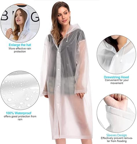 GUKOY Rain Coat Poncho for Adult, 2 Pack Women Men Reusable Raincoats Emergency with Hood and Drawstring (White+White) - Image 2