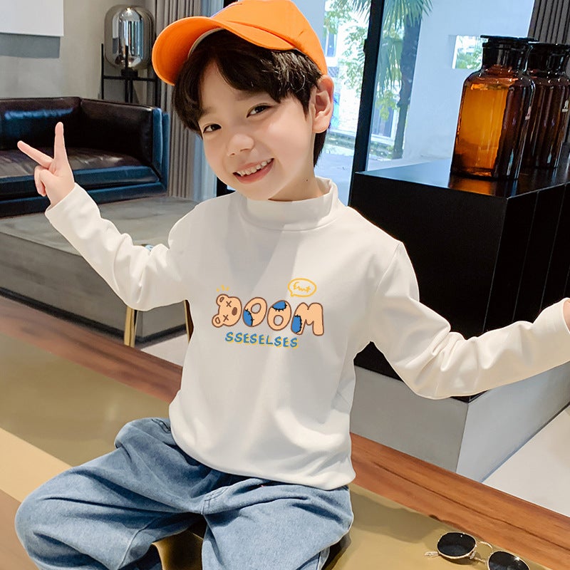 Children'S Base Shirt Half High Collar Boys' Warm Inner Long Sleeve T-Shirt Double-Sided T-Shirt - Image 1
